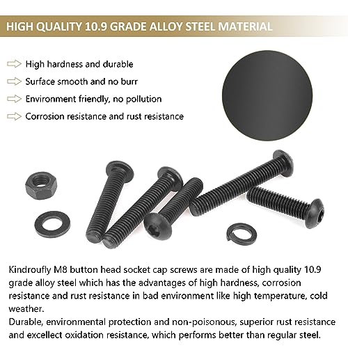 77 Pieces Black M8 x 30/35 /40/45 /50 mm Button Head Socket Cap Screws Nuts Washers Assortment Kit, 10.9 Grade Alloy Steel - size: M8 x 30/35/40/45/50mm, style: Button Head