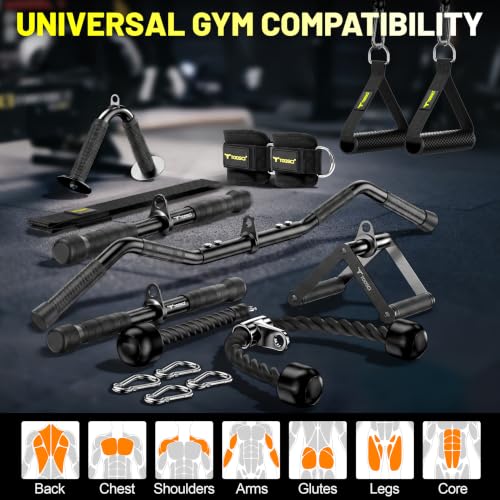 Cable Attachments for Gym, LAT Pulldown & Cable Machine Attachment Set: V-Shaped Bar, Rotating Straight Bar, V Rotation Handle, Nylon Tricep Rope, Ankle Straps & Handles, Home Gym - size: Long Bar Set