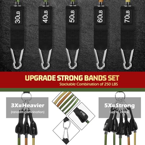 VEICK 10-150LBS Resistance Bands with Handles, Ankle Straps, Door Anchor | Accredited Lab Certified, 100% Natural Latex, Versatile for Yoga, Pilates, Strength, Home Gym - color: Army Green, style: 30-250LBS