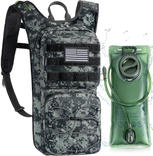 Hydration Backpack, Tactical Molle Water with 3L TPU Water Bladder | Lightweight Military Hydration Daypack for Hiking, Running, Cycling, Climbing, Biking, 105 oz, Breathable Back Panel - color: Black Camouflage