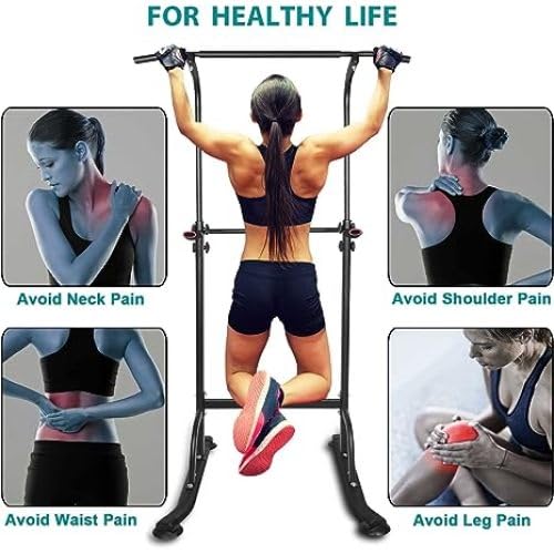 Power Tower Workout Station, Height Adjustable 66.5"-82.7" Multi-Function Dip Stand with 330 LBS Capacity, Pull Up Bar for Home Gym Strength Training, Heavy Duty Steel Frame, Black