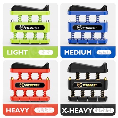 FitBeast Finger Strengthener, Finger Exerciser, Hand Exerciser for Improve Dexterity and Strength in Fingers, Hands, Forearms–Grip Strength Trainer for Musicians, Climbers - color: 4 Piece Set -Green Blue Red Black
