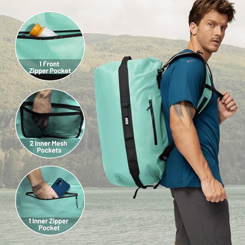 MIER Large Waterproof Duffel Bag - 60L/80L Dry Bag Backpack | Detachable Backpack Straps; Multi-Pockets; Roll-Top with Hook-and-Loop Closure; Motorcycle, Kayaking, Gym, Beach, Boating - color: Green, size: 60L