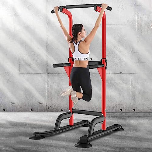 SogesHome Multi-Function Power Tower Pull Up Bar Dip Station for Home Gym | Height Adjustable PullUp Dip Stand, Full Body Strength Training Equipment, Fitness Workout for Push Ups Dips, 330LB Capacity - color: Red
