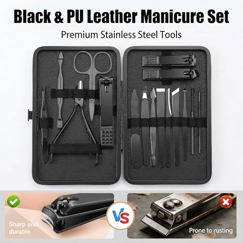 Manicure Kit for Women Men-Manicure Set with Case, Nail Clippers, Portable Nail Care Kit for Travel Home Personal Grooming（Black 16 in 1） - color: Black