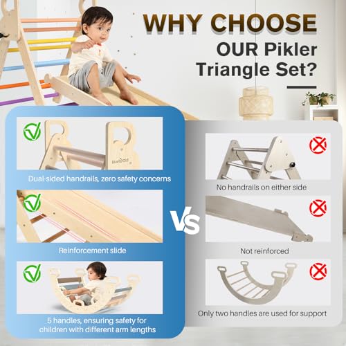 BlueWood Pikler Triangle Set with Safe Handle, Climbing Toys for 1-3 Year | Foldable 7-in-1 Montessori Toddler Climbing Toys Indoor, Wooden Pickler Climbing Set, Baby Jungle Gym & Playground, Pink - color: Mauve Pink