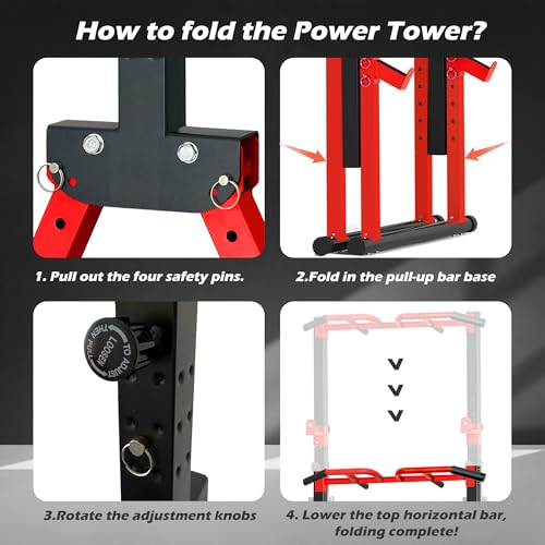 Foldable Power Tower Pull Up Bar Station, Adjustable Height | 700lbs Loading,Free Standing Pull Up Power Tower Station,Portable and Space Saving,fits Woman and Man, Mulit-grips, - color: Red