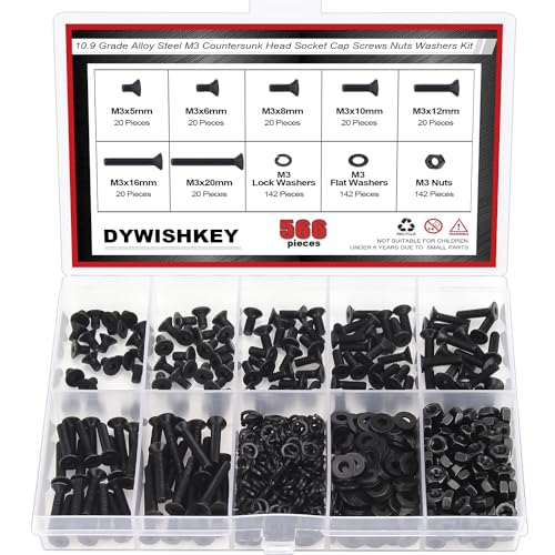 DYWISHKEY 566 Pieces M3 Black Screws, 10.9 Grade Alloy Steel M3x 5/6 /8/10 /12/16 /20mm Countersunk Head Socket Cap Screws Bolts Nuts Washers Assortment Kit - size: M3, style: Countersunk Head Socket Cap