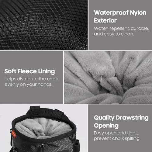 MoKo Climbing Chalk Bag with Brush for Rock Climbing, 2 Zippered Pockets | Waterproof nylon with soft lining, includes brush, 2 zippered pockets, drawstring + adjustable belt, for rock climbing
