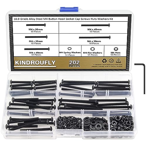 202 Pieces Black M4 x 30/35 /40/45 /50 mm Button Head Socket Cap Screws Nuts Washers Assortment Kit, 10.9 Grade Alloy Steel - size: M4 x 30/35/40/45/50mm, style: Button Head