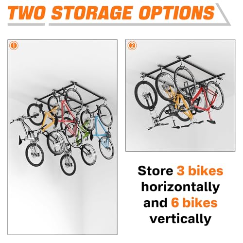 TORACK Ceiling Bike Rack for Garage, Ceiling-Mounted Bicycle Storage Hooks for 3 Bikes (Horizontal) or 6 Bikes (Vertical), Adjustable Overhead Bicycle Hooks for Mountain, Road Bike - style: 3 bikes horizontal