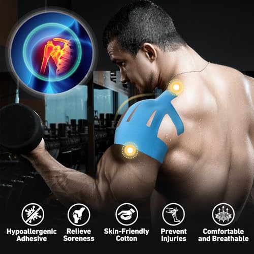 Kinesiology Tape for Shoulder Precut, 12 PCS Shoulder Tape for Pain Relief, KTQUICK Original Cotton Waterproof & Breathable, Enhance Elastic Sports Tape for Pain Support and Muscle Sports, Blue | Blue, Precut Shoulder Support Tape with Premium Cotton, Bre