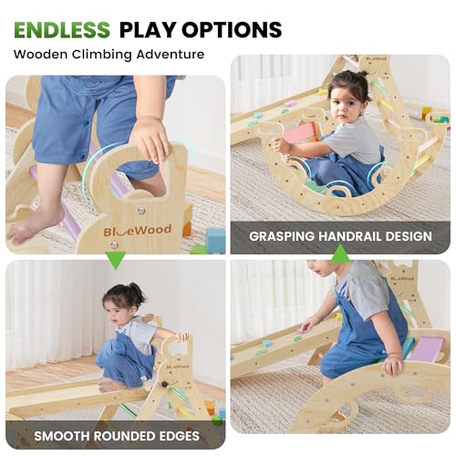 BlueWood Pikler Triangle Set with Safe Handle, Climbing Toys for 1-3 Year | Foldable 7-in-1 Montessori Toddler Climbing Toys Indoor, Wooden Pickler Climbing Set, Baby Jungle Gym & Playground, Rainbow - color: Rainbow