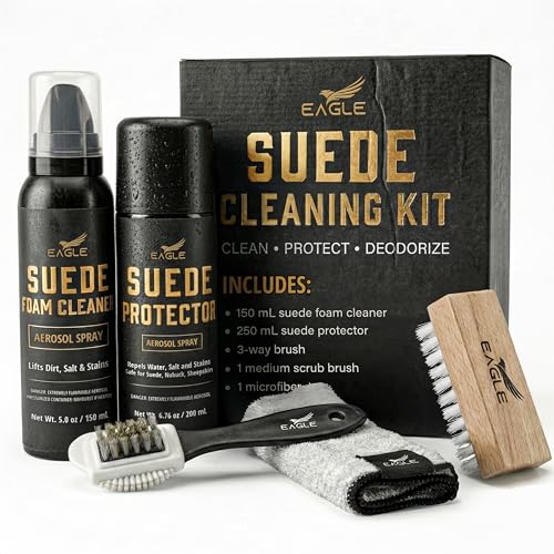 Eagle Suede & Nubuck Cleaning Kit – 5-Piece Set with Foam Suede Cleaner & Protector Spray, 3-Way Brush, Scrub Brush & Cloth – Suede Care Kit for Shoes & Boots- Compatible with Ugg Boots