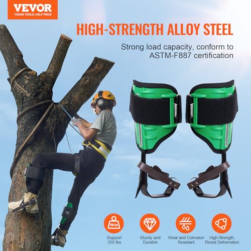 VEVOR Tree Climbing Spikes, 1 Pair Height-Adjustable Climbing Spurs, 350lbs Load Capacity Tree Climbing Gear with Straps, Arborist Equipment for Climbers, Hunting, Fruit Picking - color: Green (Upgraded)