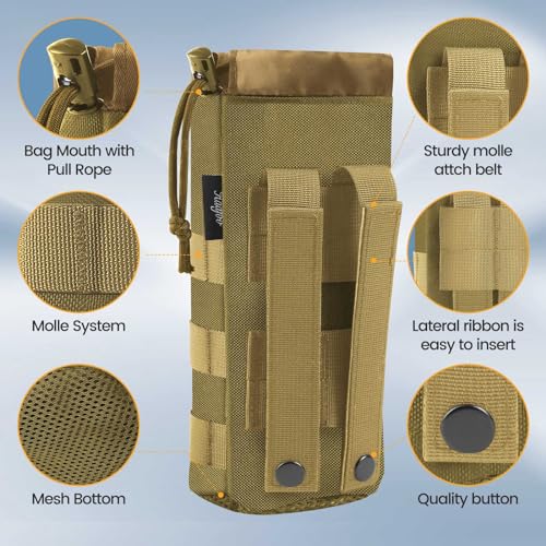 Molle Water Bottle Holder, Upgraded 1000D Nylon Tactical Molle Water Bottle Pouch, Sports Water Bottle Bag Bottom Mesh Lining Hydration Carrier for Camping, Climbing, Hiking and Travelling - color: Tan-2pack