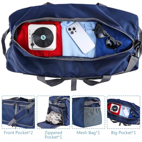 60L Duffle Bag with Shoes Compartment - Foldable&Large Capacity Travel Duffel Bags, Lightweight & Water-Resistant Gym Bag - Dark Blue - color: 60L - Dark Blue