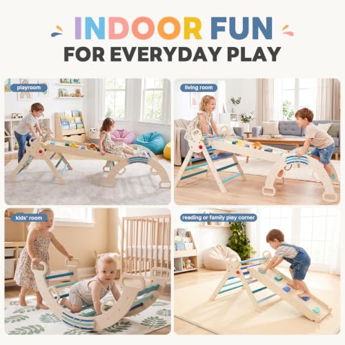DUMOS 9-in-1 Pikler Triangle Set for Toddlers, Foldable Montessori Climbing Toys Indoor, Wooden Jungle Gym with Arch Rocker, Reversible Ramp, Ladder, Toy Cars and Blocks, Navy Blue - color: Navy Blue
