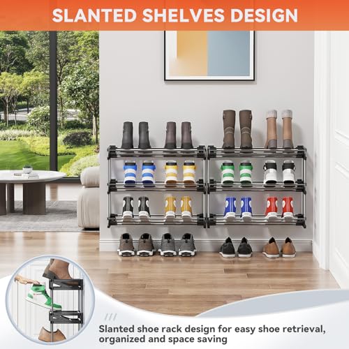 3 Tier Narrow Shoe Rack with Hook and Loop Sticky Adhesive Strips Shoe Shelf for Wall Mounted Slim Shoe Rack Space Saving Design Wall Shoe Organizer for RV - color: Black
