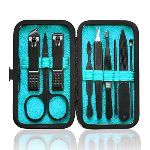 HANTEKAS Manicure Set 9 in 1 Stainless Steel, Nail Clippers Scissors Pedicure Tools Kit - Portable Travel Grooming Kit for Men and Women with Black/Blue Leather Case (Blue) - color: Blue