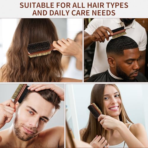 Boar Bristle Hair Brush for Men and Women, Double Side Slick Back Hair Brush with Medium & Firm Bristle, Sturdy Men's Brush for Waves, Fades, Slick Back Style (Brown) - color: Brown