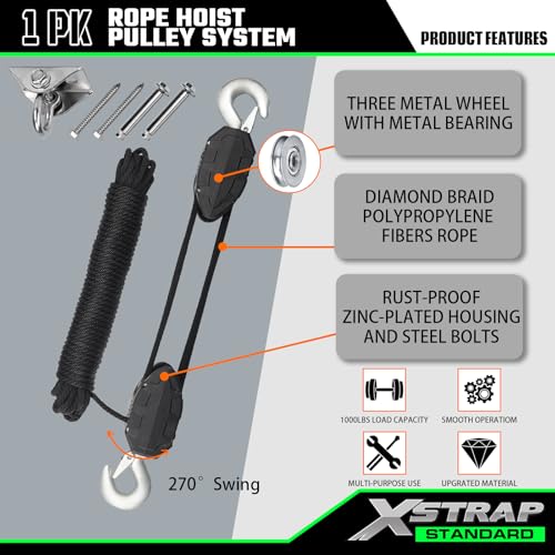 XSTRAP STANDARD 50 Feet Rope Hoist, Heavy-Duty 2000LB Break Wheel Block | Tackle Pulley System for Lifting Heavy Objects with Work Gloves, 2pcs Soft Loops, 1 Swing Hanger for Garage Warehouse - color: 50 Ft+ Black+1 Swing Hanger