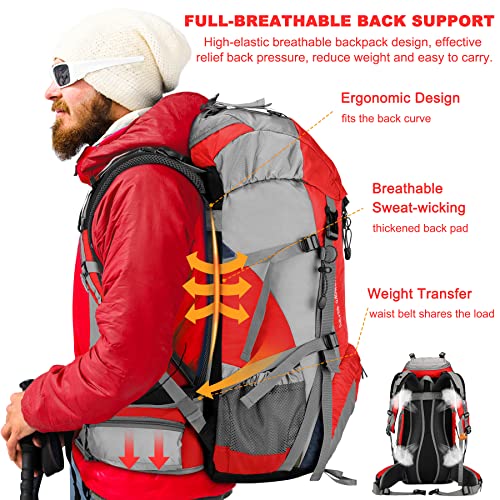 Loowoko 50L Hiking Backpack, Waterproof Camping Essentials Bag with Rain Cover, 45+5 Liter Lightweight Backpacking Back Pack - color: Red