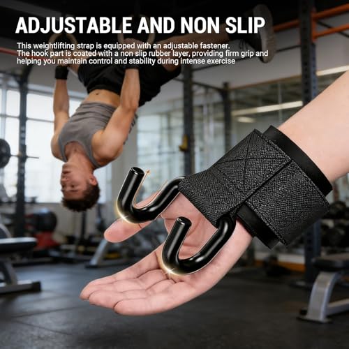 Garosa Weight Lifting Hooks Adjustable Non Slip Rubber Grip 330lb Capacity Wrist Straps with Widened Cotton Layer for Strength Training Bodybuilding Pull Ups Barbell Rowing