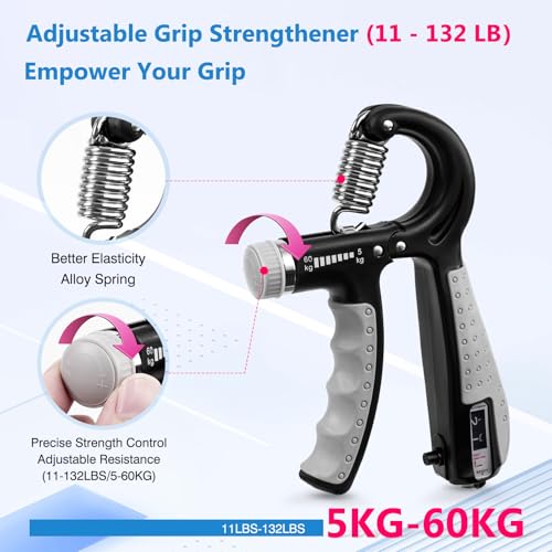 CYFIE Grip Strength Trainer Kit, Adjustable 10-132 lb, Hand Exerciser | Forearm Strengthener, Finger Stretcher, Stress Ball and Bag for Grip Recovery, Wrist Training, Rehab, Climbers and Musicians - color: Black