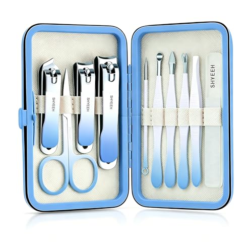 Manicure Set, 10 pcs High-Carbon Steel Nail Clippers Set, Portable Mini Manicure and Pedicure Kit, Travel Grooming Nail Kit with Leather Bag for Men and Women - color: Blue