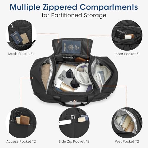 G4Free 45L Travel Duffle Bag for Women Men 3 in 1 Duffel Bags with Shoes Compartment Gym Backpack for Weekender Overnight, Black - color: Black