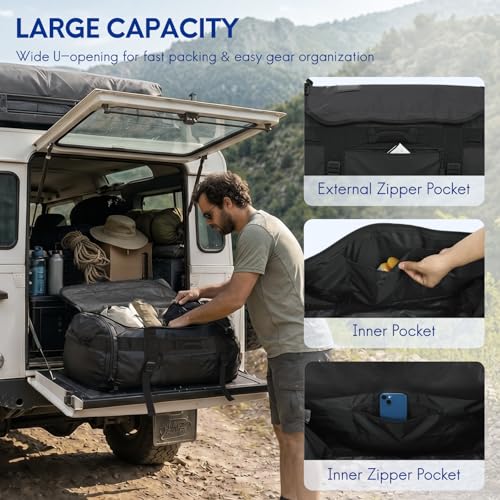 Haimont Heavy Duty Convertible Travel Duffel Backpack, Black, 60L | Shoe Compartment, Water-Resistant Tarpaulin, Wide U-Shaped Opening - color: Black, size: 60L