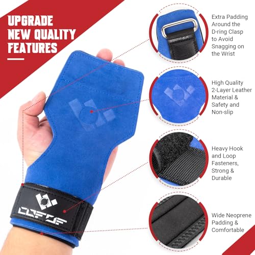 COFOF Weight Lifting Wrist Strap, Double Layer Leather Wrist Strap for Deadlift and Powerlifting, Adjustable Neoprene Padded Gym Workout Lifting Hooks (Pair) - color: Blue