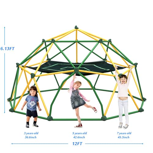 Merax 12FT Climbing Dome with Hammock, Outdoor Geometric Dome Climber | Playground Climber for Kids 3-10 Supporting 1000 lbs, Easy Assembly Play Center Jungle Gym - style: 12FT Yellow & Green