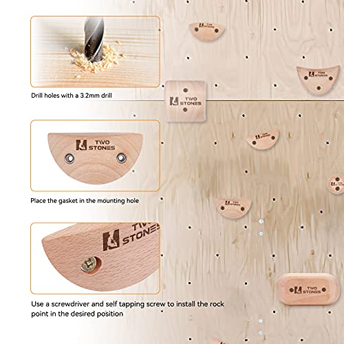 TWO STONES Wooden Rock Climbing Holds Kids and Adults | Wood Rock Wall Climbing Holds Kids and Gyms | Variety Screw On Climbing Hand Holds Set with Mounting Hardware