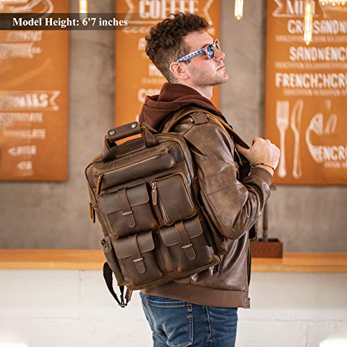 Polare Cowhide Leather Multiple Laptop Backpack Day Pack Travel Bag Satchel For Men - color: Dark Brown