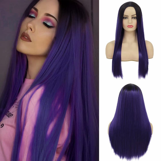 Kaneles Ombre Purple Long Straight Wig For Women Black Purple Silk Hair Wigs Middle Part Synthetic Heat Rsistant Cosplay Part Wi
