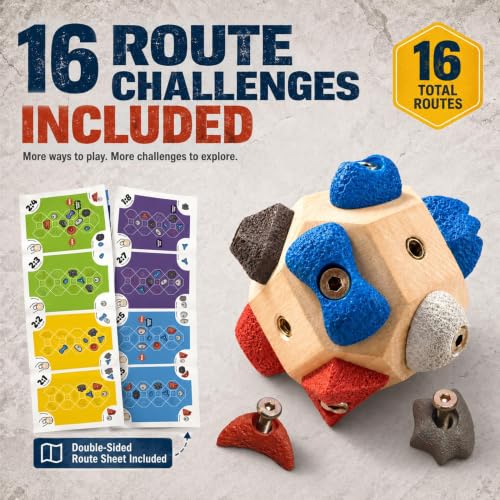 Boulder Block Rock Climbing Grip Trainer - 12 Unique Resin Holds with Color-Guided Training Paths, Premium Wood Finger Strength Trainer for Climbers, Portable Bouldering Gift for Men & Women
