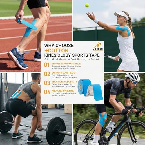 JB Tape Kinesiology Tape, 80 Precut Strips, Blue, Latex‑Free, 4 Rolls | Elastic, Latex-Free, Water Resistant, Athletic Muscle & Joint Support - color: Blue Pacific