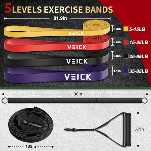 VEICK Pull Up Assist Resistance Bands for Home Gym | 100% Natural Latex, Non Slip Leather Texture, Space Saving, Versatile for Full Body Training, Home Gym - color: Colorful Set of 4 + Pilates Bar