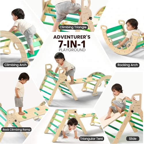BlueWood Pikler Triangle Set, Toddler Climbing Toys Indoor 7in1 Foldable | Wooden Climber for Kids, Montessori Philosophy Play Jungle Gym with Arch, Ramp, Ladder (Green Summer) - color: Green Summer