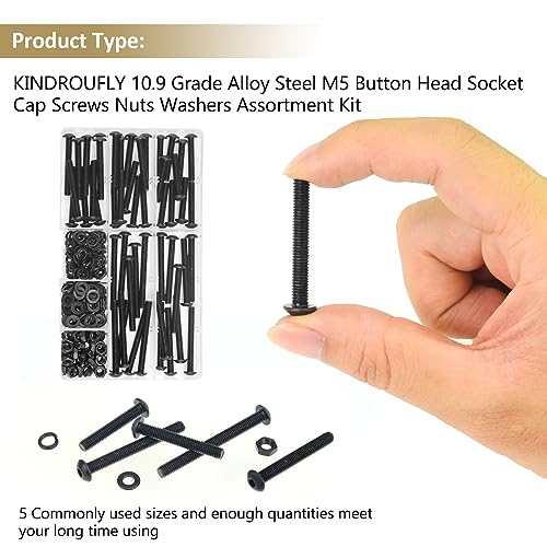 202 Pieces Black M5 x 30/35 /40/45 /50 mm Button Head Socket Cap Screws Nuts Washers Assortment Kit, 10.9 Grade Alloy Steel - size: M5 x 30/35/40/45/50mm, style: Button Head