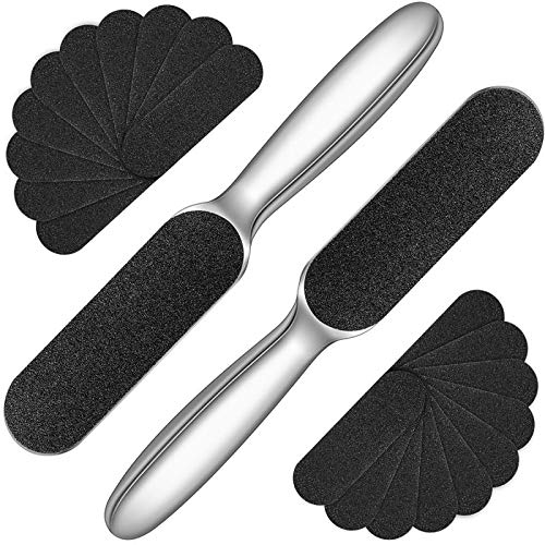 Mudder 2 Pack Stainless Steel Foot File with 20 Replaceable Double Sided Coarse & Fine Pads, Callus Remover for Dry Rough Skin and Cracked Heels, Reusable Pedicure Rasp(Silver) - color: Silver