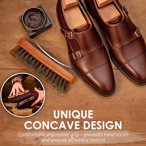 TAKAVU Shoe Brush 100% Genuine Horse Hair, Won't Scratch Leather (1 Piece) | Horsehair Shoe Shine, Buff & Polish Brush for Boots, Dress Shoes, Bags, Belts & Furniture, Concave Wood Handle - size: 1pc