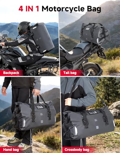 KEMIMOTO Waterproof Motorcycle Dry Bag – Duffle Tail Bag Soft Luggage, 25L/40L/65L Large Capacity with 4 Quick-Release Straps, Dustproof for Touring, Adventure, Motorcycling & Camping Grey - size: 65L