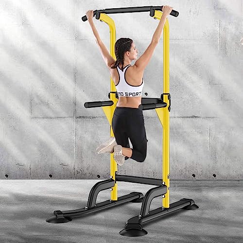 SogesHome Multi-Function Power Tower Pull Up Bar Dip Station for Home Gym | Height Adjustable PullUp Dip Stand, Full Body Strength Training Equipment, Fitness Workout for Push Ups Dips, 330LB Capacity - color: Yellow