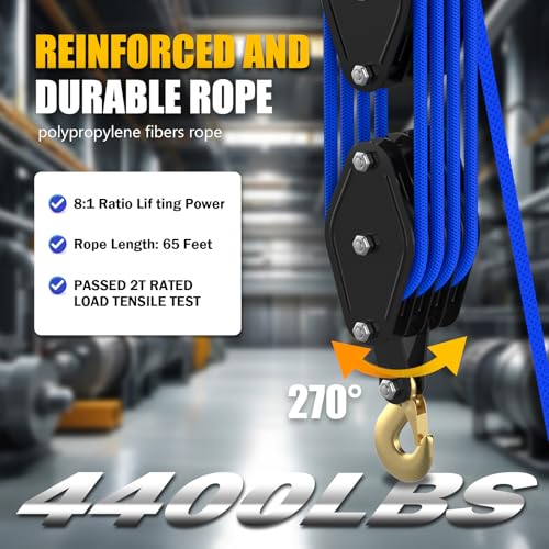 YATOINTO Rope Hoist Pulley System, 4400LB Pulley Block and Tackle, 8:1 Ratio Lifting Power 65ft, Heavy Duty Pulley Block for Hunting Lifting Heavy Objects Garage Warehouses Building (Blue) - color: Blue(Powder Coating)