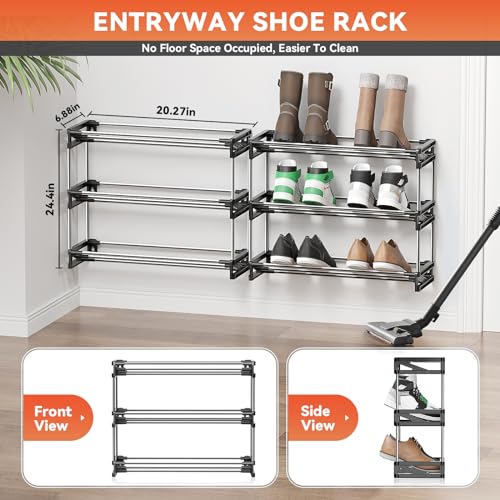 3 Tier Narrow Shoe Rack with Hook and Loop Sticky Adhesive Strips Shoe Shelf for Wall Mounted Slim Shoe Rack Space Saving Design Wall Shoe Organizer for RV - color: Black