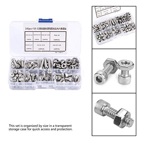 Garosa 140pcs Stainless Steel Hex Socket Head Bolts #10-32 Hex Screw Assortment Kit 6 Different Sizes with Storage Case