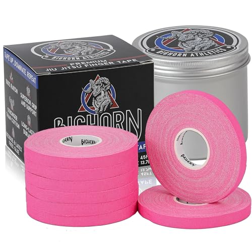 Bighorn Athletics Pro Finger Tape + Tin, 0.3" x 45Ft, 8 Rolls, Pink | Pro Series competition tape – 50% stronger than cotton. Residue-free, sweat-proof adhesive for Jiu Jitsu & hard training. - color: Pink